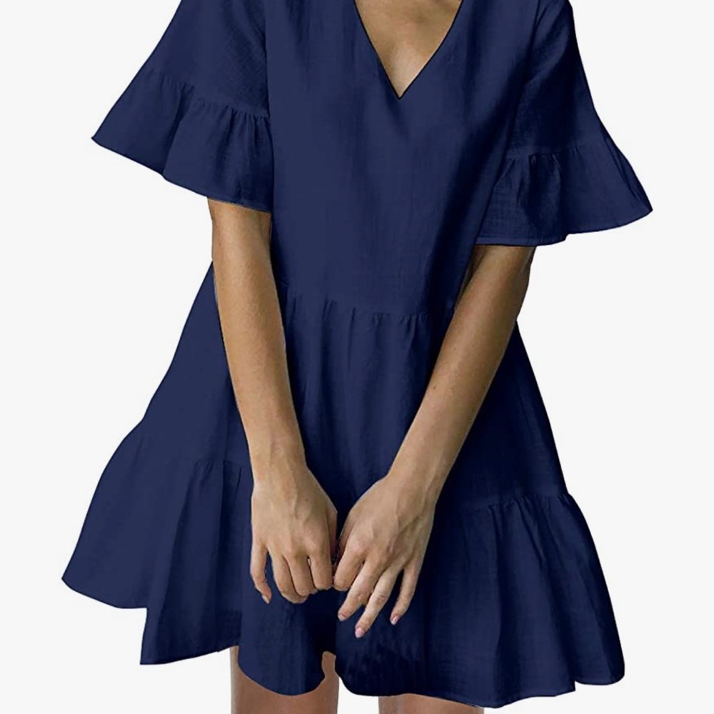 Women’s Shift Dress Bell Sleeve V-Neck Loose Dress with Pockets
